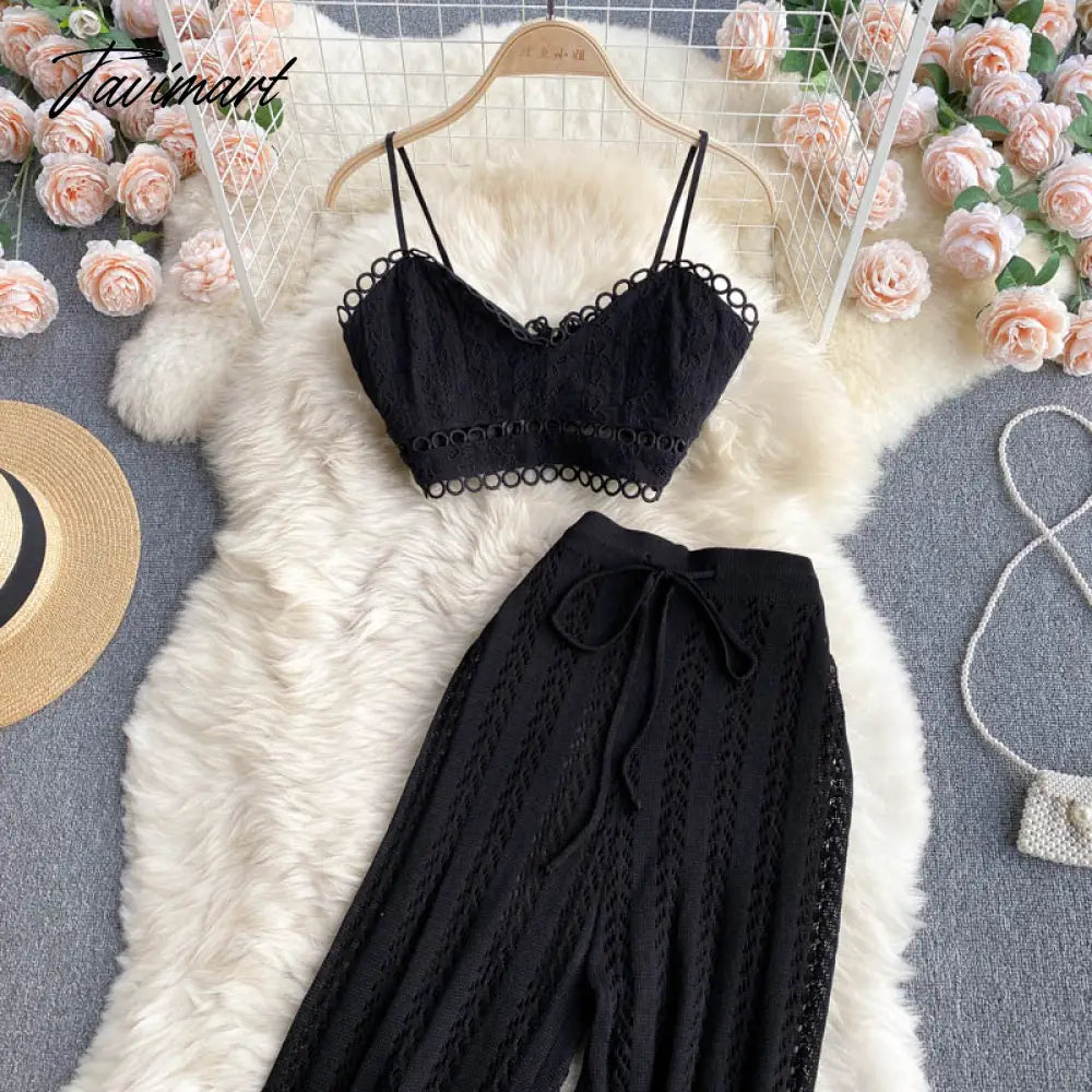 Tavimart Women Korean Style Knitted Pants Sets Summer Elastic Waist Belt Vacation Elegant Ladies Beach A Line Two Piece Sets