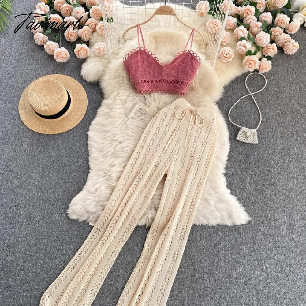 Tavimart Women Korean Style Knitted Pants Sets Summer Elastic Waist Belt Vacation Elegant Ladies Beach A Line Two Piece Sets