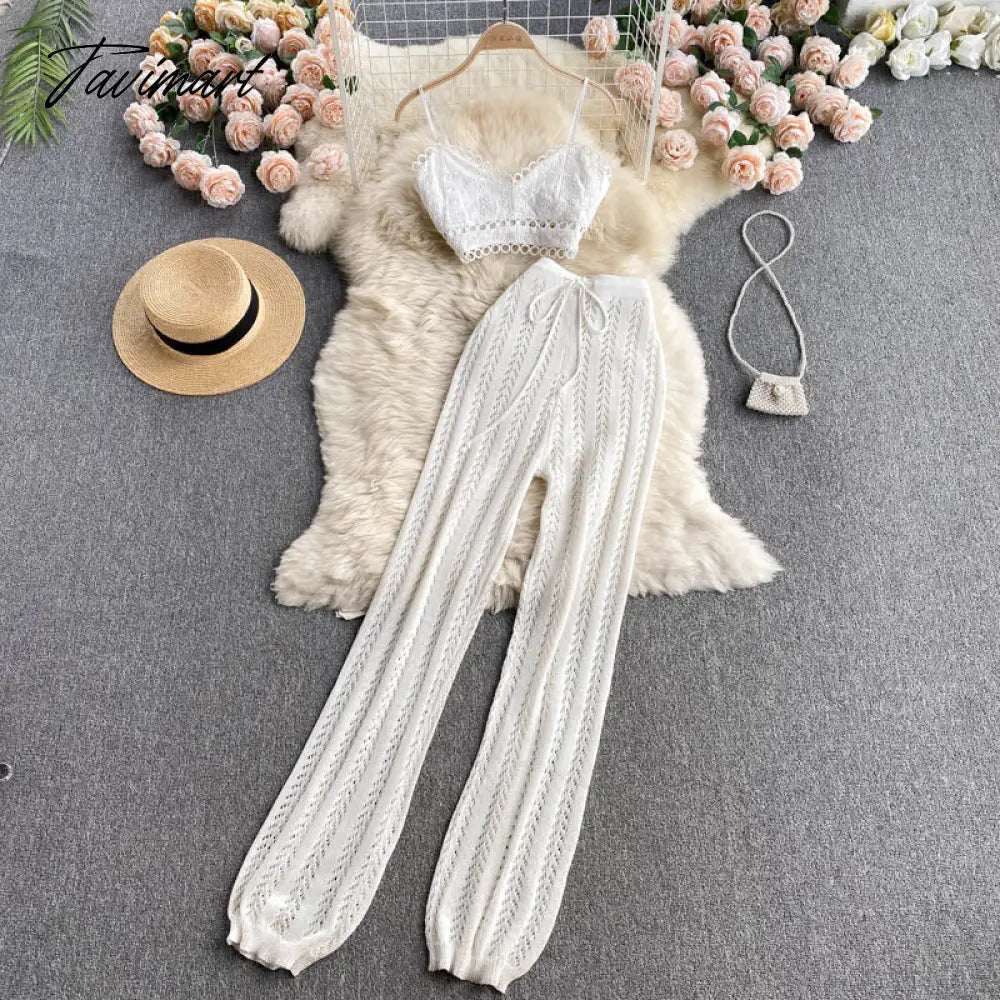 Tavimart Women Korean Style Knitted Pants Sets Summer Elastic Waist Belt Vacation Elegant Ladies Beach A Line Two Piece Sets