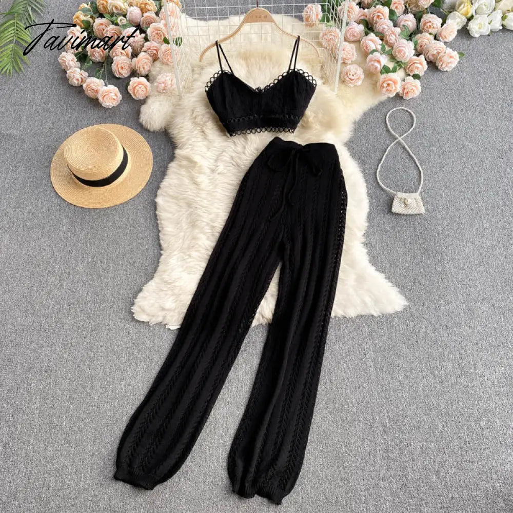 Tavimart Women Korean Style Knitted Pants Sets Summer Elastic Waist Belt Vacation Elegant Ladies Beach A Line Two Piece Sets