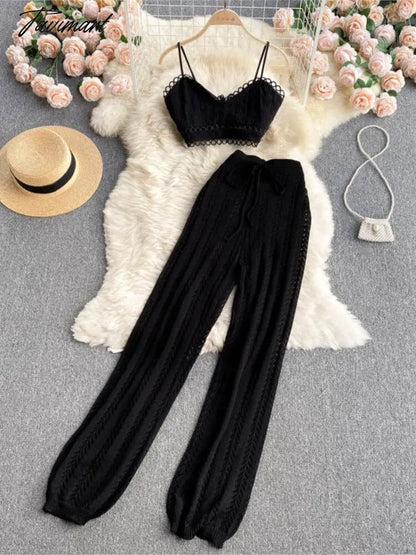 Tavimart Women Korean Style Knitted Pants Sets Summer Elastic Waist Belt Vacation Elegant Ladies Beach A Line Two Piece Sets