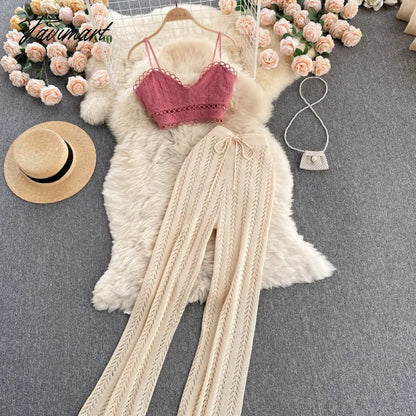 Tavimart Women Korean Style Knitted Pants Sets Summer Elastic Waist Belt Vacation Elegant Ladies Beach A Line Two Piece Sets