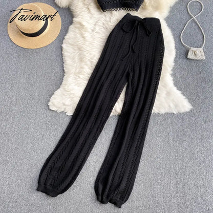 Tavimart Women Korean Style Knitted Pants Sets Summer Elastic Waist Belt Vacation Elegant Ladies Beach A Line Two Piece Sets