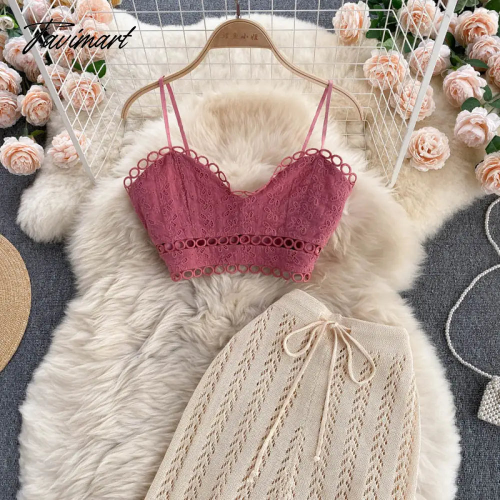 Tavimart Women Korean Style Knitted Pants Sets Summer Elastic Waist Belt Vacation Elegant Ladies Beach A Line Two Piece Sets