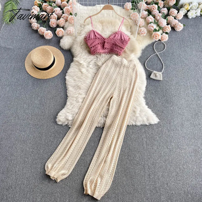 Tavimart Women Korean Style Knitted Pants Sets Summer Elastic Waist Belt Vacation Elegant Ladies Beach A Line Two Piece Sets