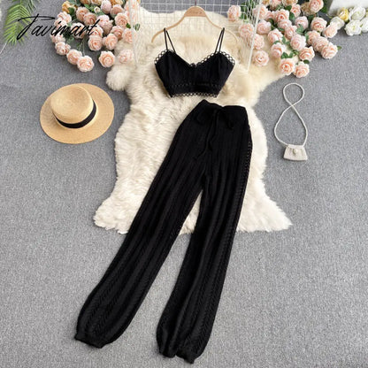 Tavimart Women Korean Style Knitted Pants Sets Summer Elastic Waist Belt Vacation Elegant Ladies Beach A Line Two Piece Sets