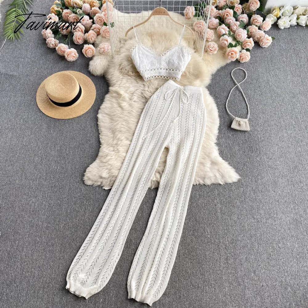 Tavimart Women Korean Style Knitted Pants Sets Summer Elastic Waist Belt Vacation Elegant Ladies Beach A Line Two Piece Sets