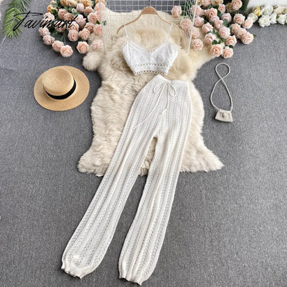 Tavimart Women Korean Style Knitted Pants Sets Summer Elastic Waist Belt Vacation Elegant Ladies Beach A Line Two Piece Sets