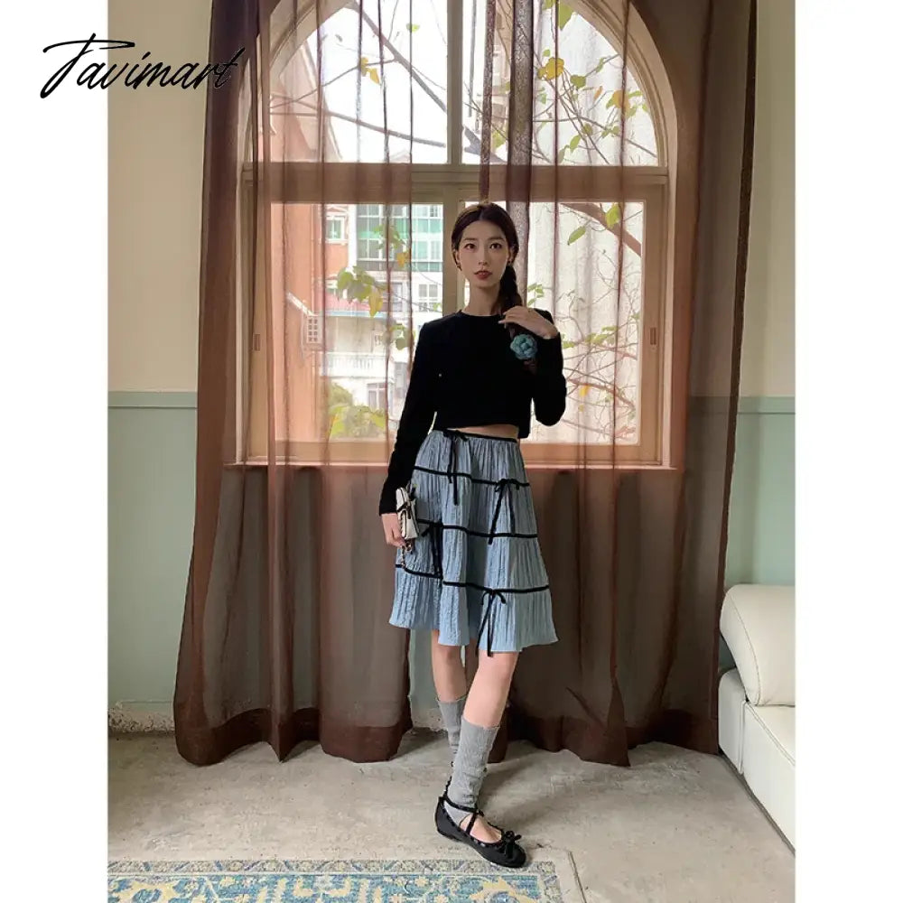 TAVIMART  -   Women Long Skirts Solid Color Bow Elastic Waist Ruffle Pleated Irregular Skirt Summer Fall Bohemian Y2K Aesthetic Retro Skirts