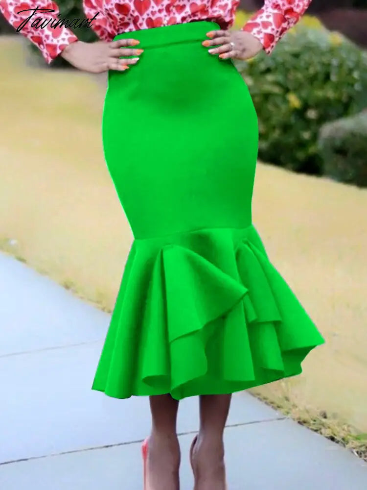 vzyzvWomen Mermaid Green Skirt High Waist Christmas Elegant Slim Ruffles Classy Saias Jupes Falads Femme Office Ladies Date Out