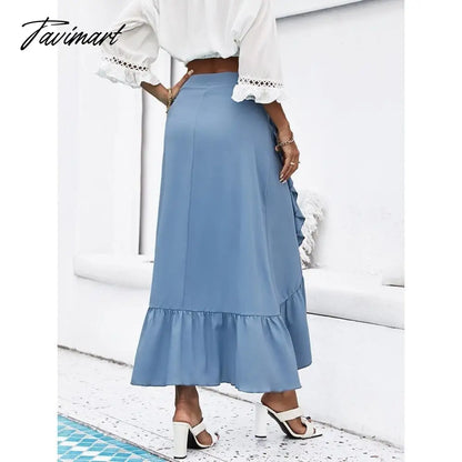 vzyzvWomen's Clothing Skirts Blue Solid Color Spring Autumn Skinny Skirt Lace Up High Waist Ruffle Hem Midi A-line Skirt