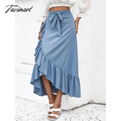 vzyzvWomen's Clothing Skirts Blue Solid Color Spring Autumn Skinny Skirt Lace Up High Waist Ruffle Hem Midi A-line Skirt