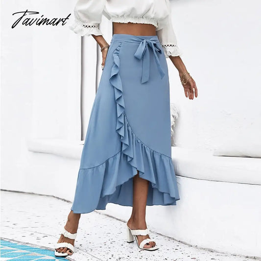 vzyzvWomen's Clothing Skirts Blue Solid Color Spring Autumn Skinny Skirt Lace Up High Waist Ruffle Hem Midi A-line Skirt