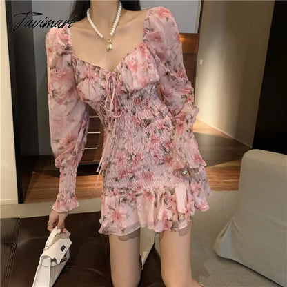 vzyzvWomen Square Collar Floral Print Long Sleeve Slim Waist Dress New Spring Off Shoulder High Waist Chiffon Ruffles Dresses