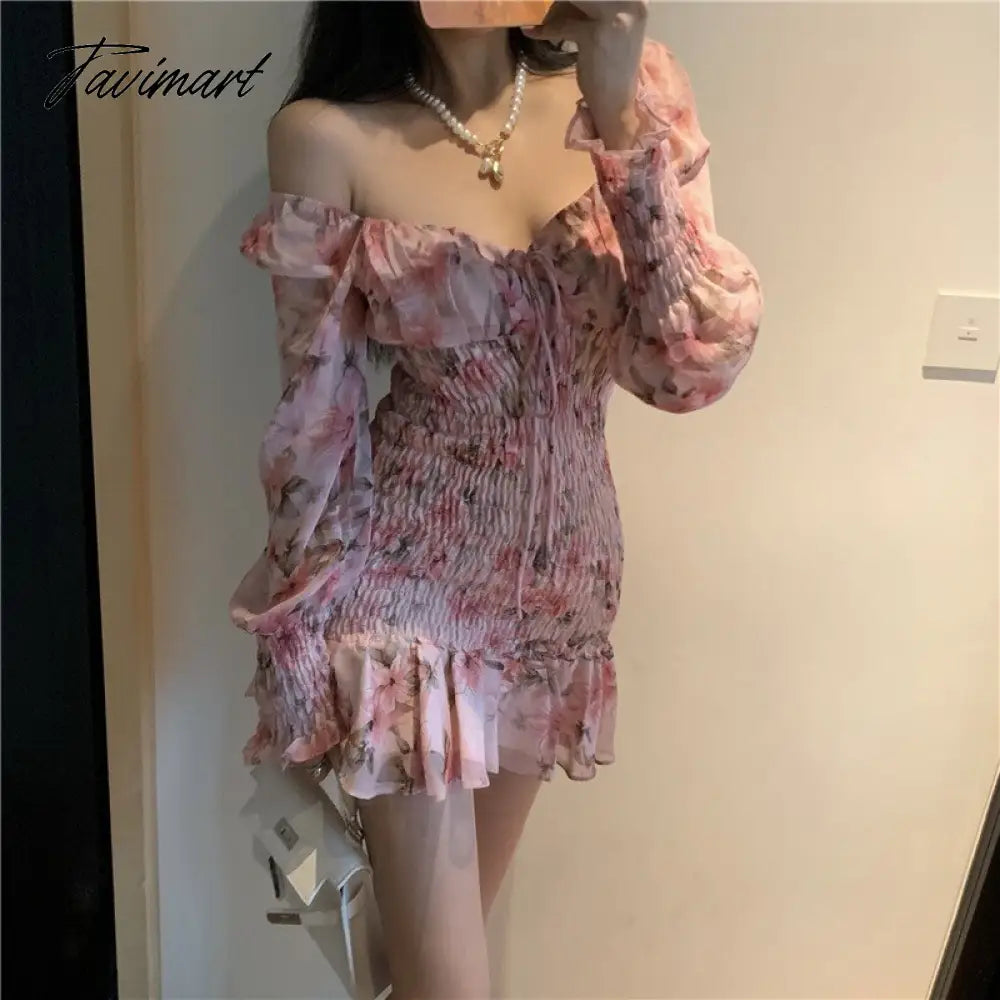 vzyzvWomen Square Collar Floral Print Long Sleeve Slim Waist Dress New Spring Off Shoulder High Waist Chiffon Ruffles Dresses