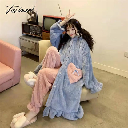 Tavimart Women Winter Thick Coral Velvet Kawaii Rabbit Ears Nightgowns Pocket Girls Homewear Korean Fashion Femme Sleepshirts Nightdress