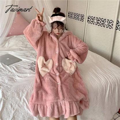 Tavimart Women Winter Thick Coral Velvet Kawaii Rabbit Ears Nightgowns Pocket Girls Homewear Korean Fashion Femme Sleepshirts Nightdress