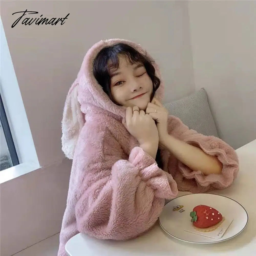 Tavimart Women Winter Thick Coral Velvet Kawaii Rabbit Ears Nightgowns Pocket Girls Homewear Korean Fashion Femme Sleepshirts Nightdress