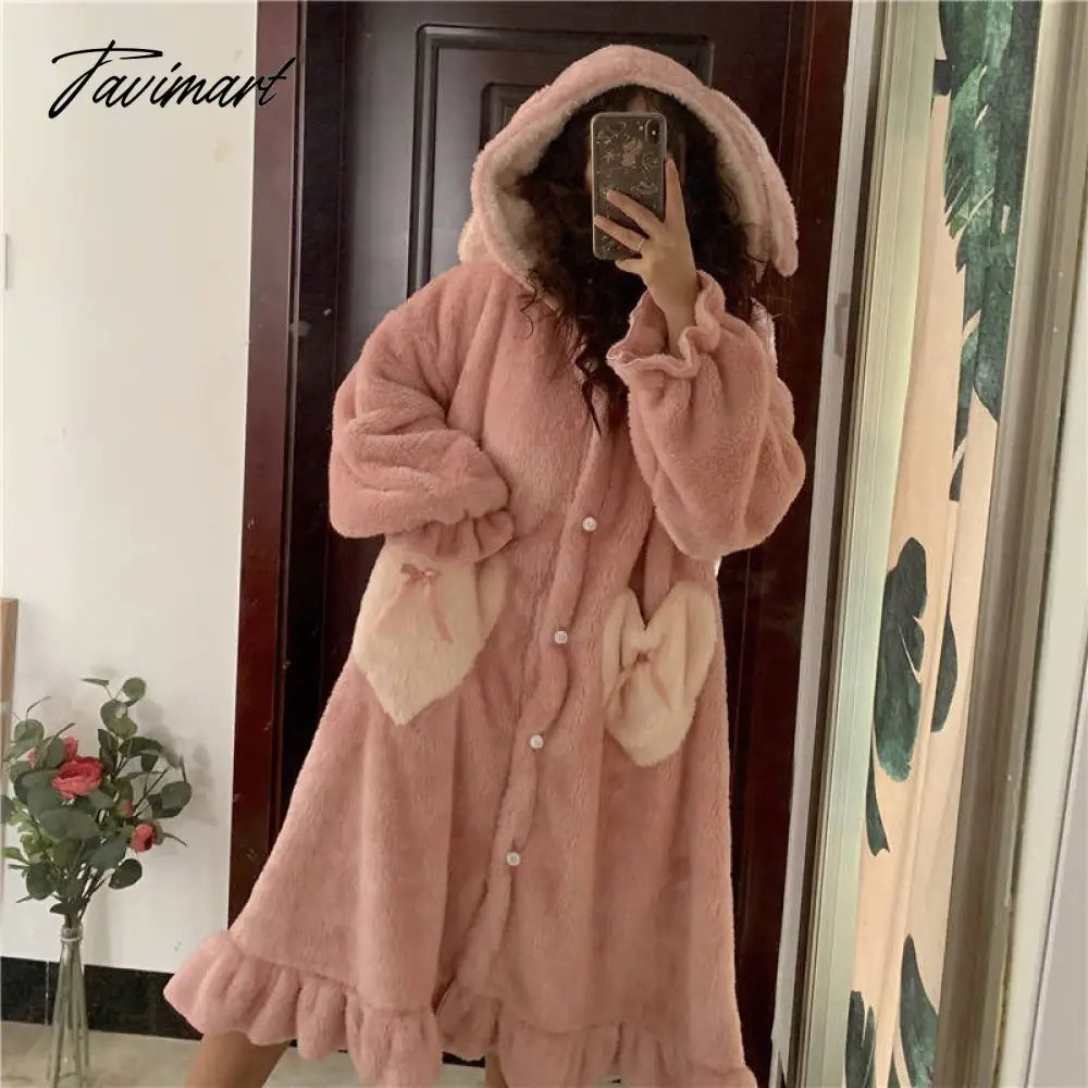 Tavimart Women Winter Thick Coral Velvet Kawaii Rabbit Ears Nightgowns Pocket Girls Homewear Korean Fashion Femme Sleepshirts Nightdress