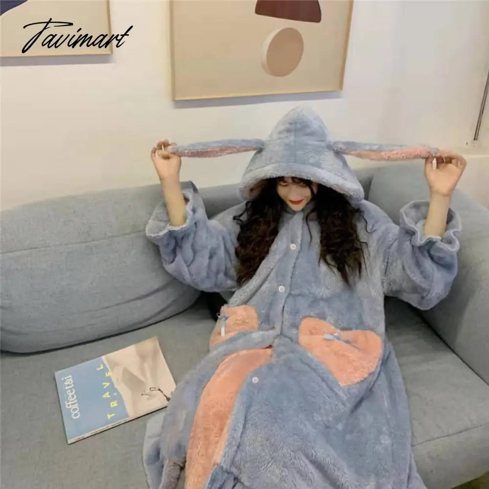 Tavimart Women Winter Thick Coral Velvet Kawaii Rabbit Ears Nightgowns Pocket Girls Homewear Korean Fashion Femme Sleepshirts Nightdress