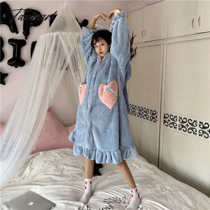 Tavimart Women Winter Thick Coral Velvet Kawaii Rabbit Ears Nightgowns Pocket Girls Homewear Korean Fashion Femme Sleepshirts Nightdress