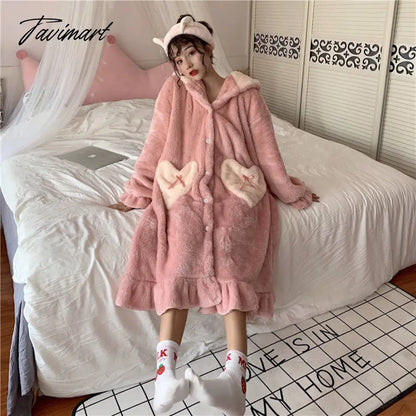 Tavimart Women Winter Thick Coral Velvet Kawaii Rabbit Ears Nightgowns Pocket Girls Homewear Korean Fashion Femme Sleepshirts Nightdress