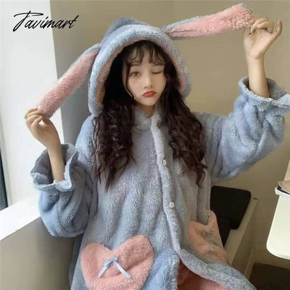 Tavimart Women Winter Thick Coral Velvet Kawaii Rabbit Ears Nightgowns Pocket Girls Homewear Korean Fashion Femme Sleepshirts Nightdress