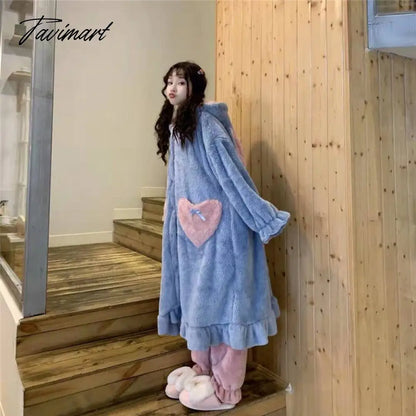 Tavimart Women Winter Thick Coral Velvet Kawaii Rabbit Ears Nightgowns Pocket Girls Homewear Korean Fashion Femme Sleepshirts Nightdress