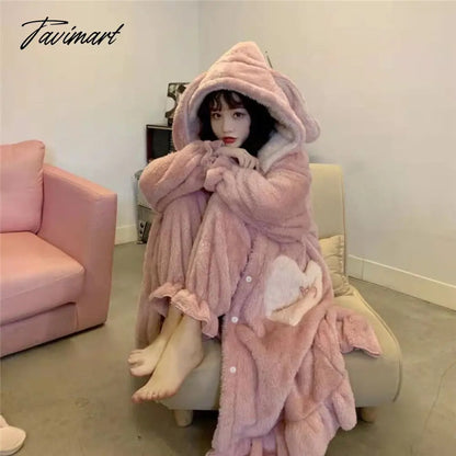 Tavimart Women Winter Thick Coral Velvet Kawaii Rabbit Ears Nightgowns Pocket Girls Homewear Korean Fashion Femme Sleepshirts Nightdress