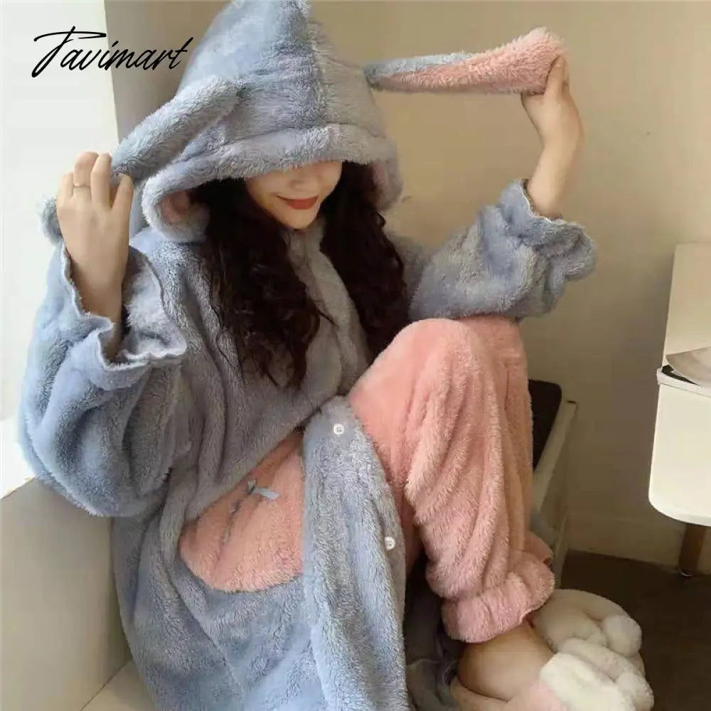 Tavimart Women Winter Thick Coral Velvet Kawaii Rabbit Ears Nightgowns Pocket Girls Homewear Korean Fashion Femme Sleepshirts Nightdress