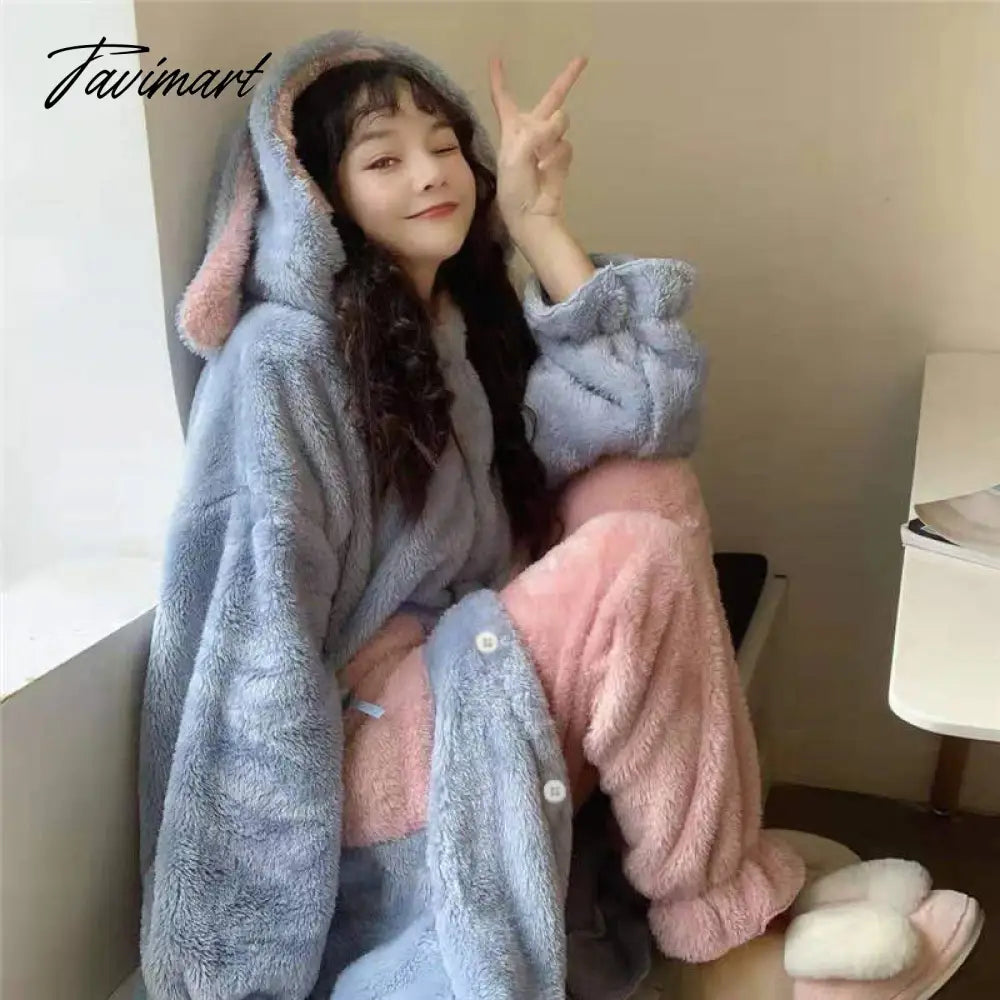 Tavimart Women Winter Thick Coral Velvet Kawaii Rabbit Ears Nightgowns Pocket Girls Homewear Korean Fashion Femme Sleepshirts Nightdress