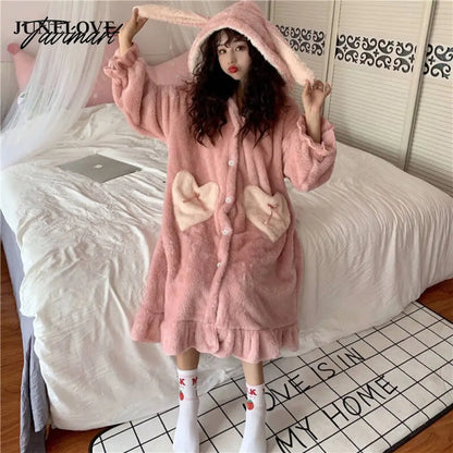 Tavimart Women Winter Thick Coral Velvet Kawaii Rabbit Ears Nightgowns Pocket Girls Homewear Korean Fashion Femme Sleepshirts Nightdress