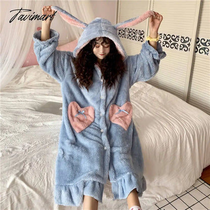 Tavimart Women Winter Thick Coral Velvet Kawaii Rabbit Ears Nightgowns Pocket Girls Homewear Korean Fashion Femme Sleepshirts Nightdress