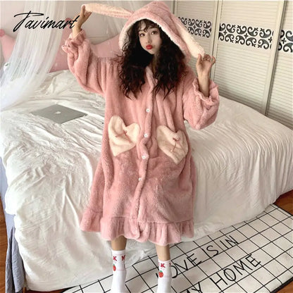 Tavimart Women Winter Thick Coral Velvet Kawaii Rabbit Ears Nightgowns Pocket Girls Homewear Korean Fashion Femme Sleepshirts Nightdress