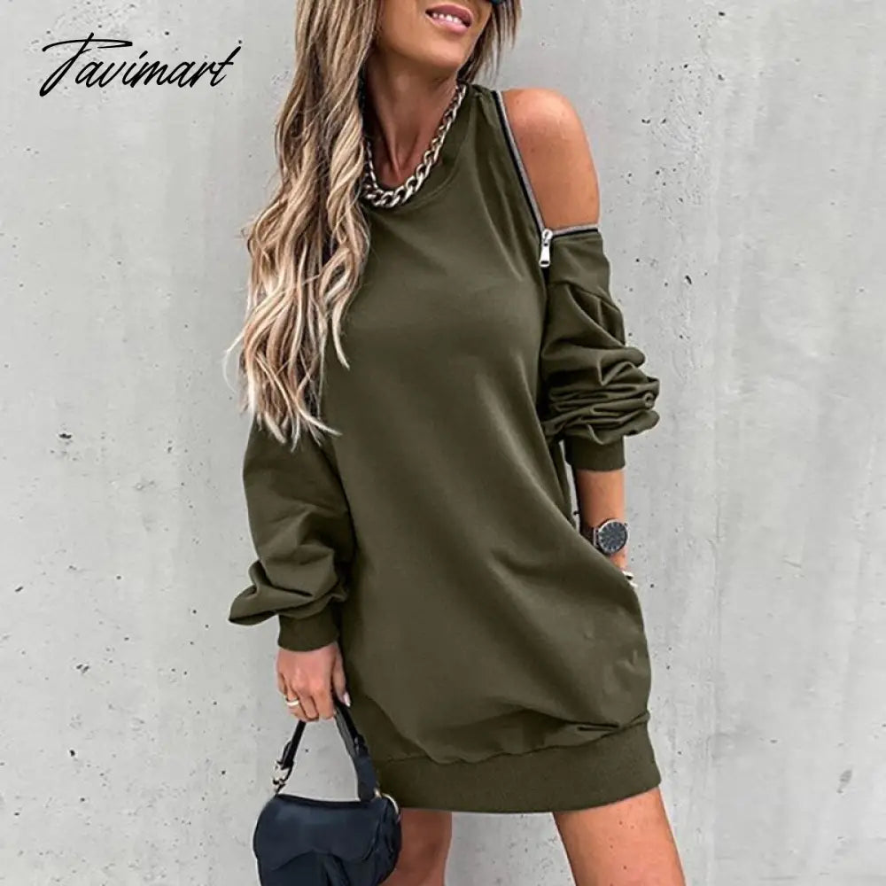 vzyzvWomen Zip Hollow Out Off Shoulder Dress Patchwork Lady Loose Casual Mini Pocket Dress Round Neck Long Sleeve Spring Autumn Dress