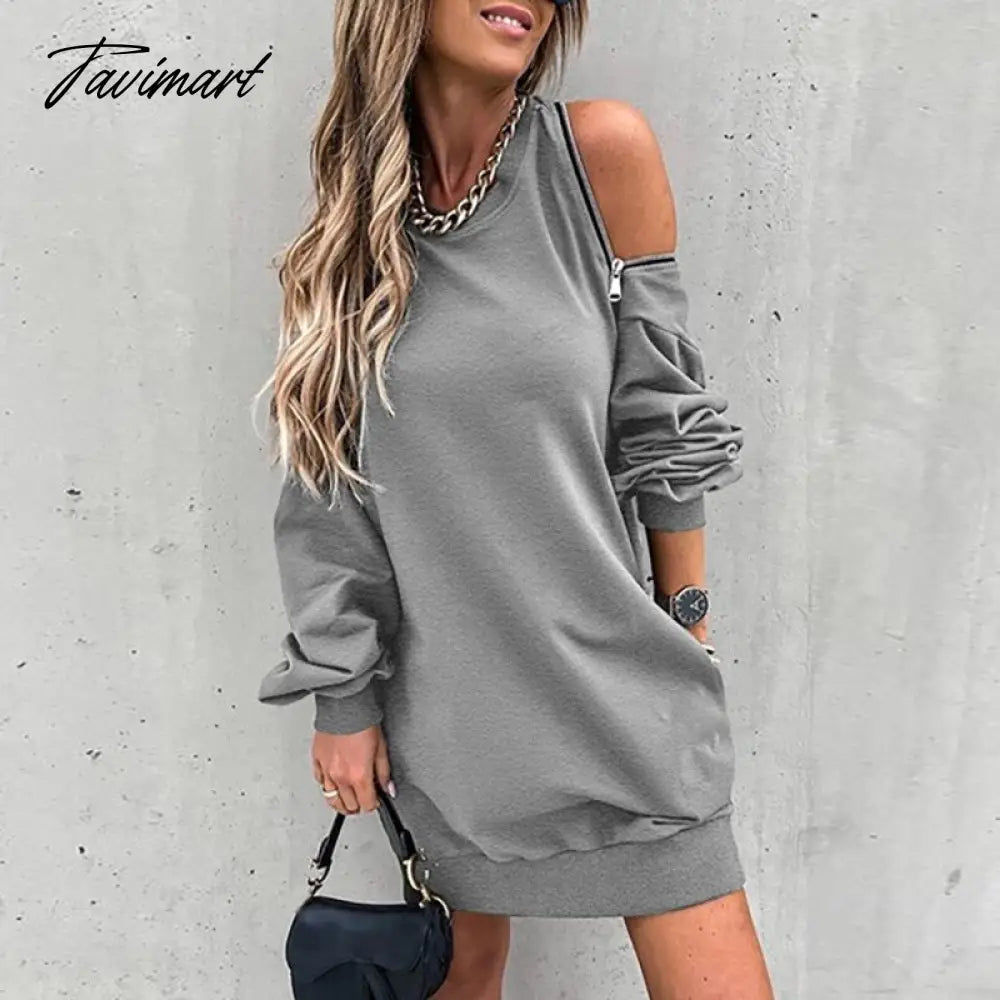 vzyzvWomen Zip Hollow Out Off Shoulder Dress Patchwork Lady Loose Casual Mini Pocket Dress Round Neck Long Sleeve Spring Autumn Dress