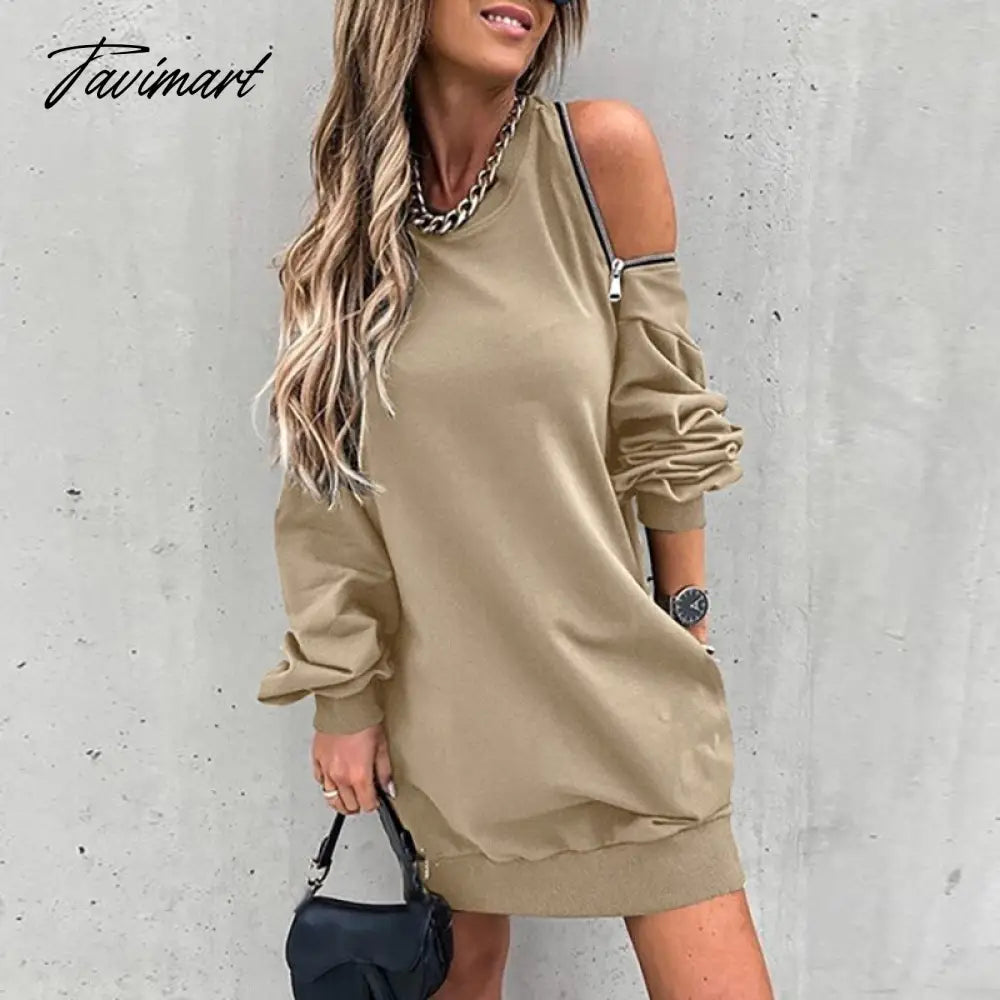 vzyzvWomen Zip Hollow Out Off Shoulder Dress Patchwork Lady Loose Casual Mini Pocket Dress Round Neck Long Sleeve Spring Autumn Dress