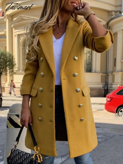 vzyzvWoolen Coat Women Spring New Fashion Long Yellow Black Suit Collar Blends Jacket Female Clothing Many Button