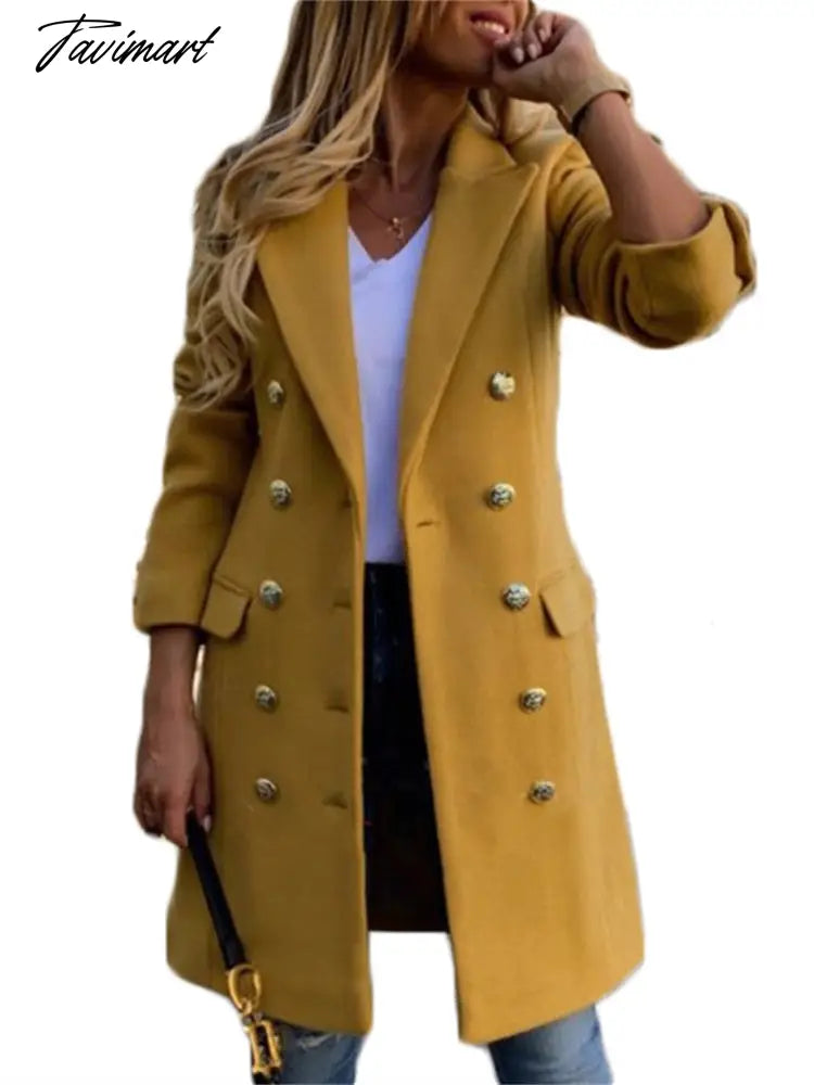 vzyzvWoolen Coat Women Spring New Fashion Long Yellow Black Suit Collar Blends Jacket Female Clothing Many Button