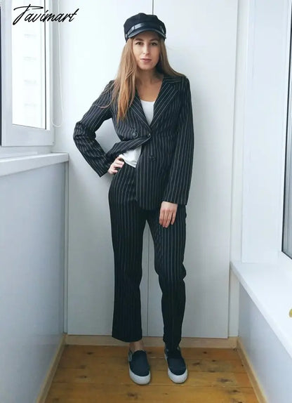 vzyzv Work Pant Suits OL 2 Piece Sets Double Breasted Striped Blazer Jacket & Zipper Trousers Suit For Women Set Feminino Spring