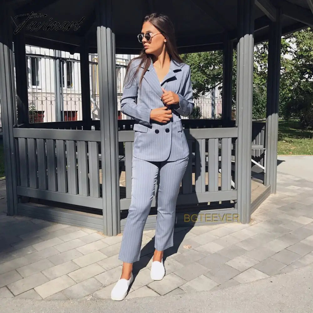 vzyzv Work Pant Suits OL 2 Piece Sets Double Breasted Striped Blazer Jacket & Zipper Trousers Suit For Women Set Feminino Spring