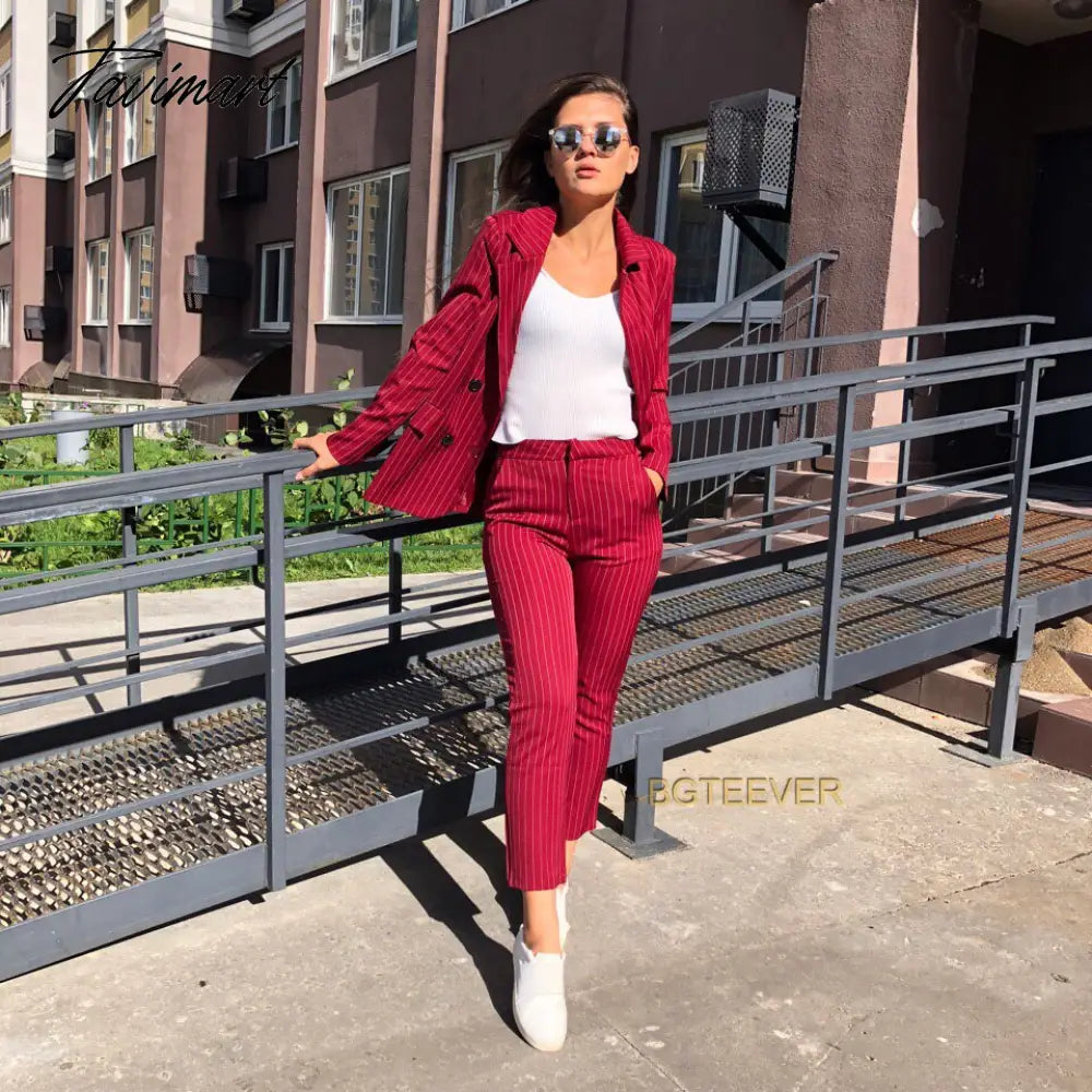 vzyzv Work Pant Suits OL 2 Piece Sets Double Breasted Striped Blazer Jacket & Zipper Trousers Suit For Women Set Feminino Spring