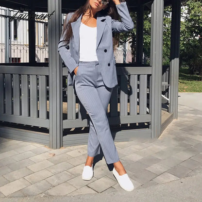 vzyzv Work Pant Suits OL 2 Piece Sets Double Breasted Striped Blazer Jacket & Zipper Trousers Suit For Women Set Feminino Spring