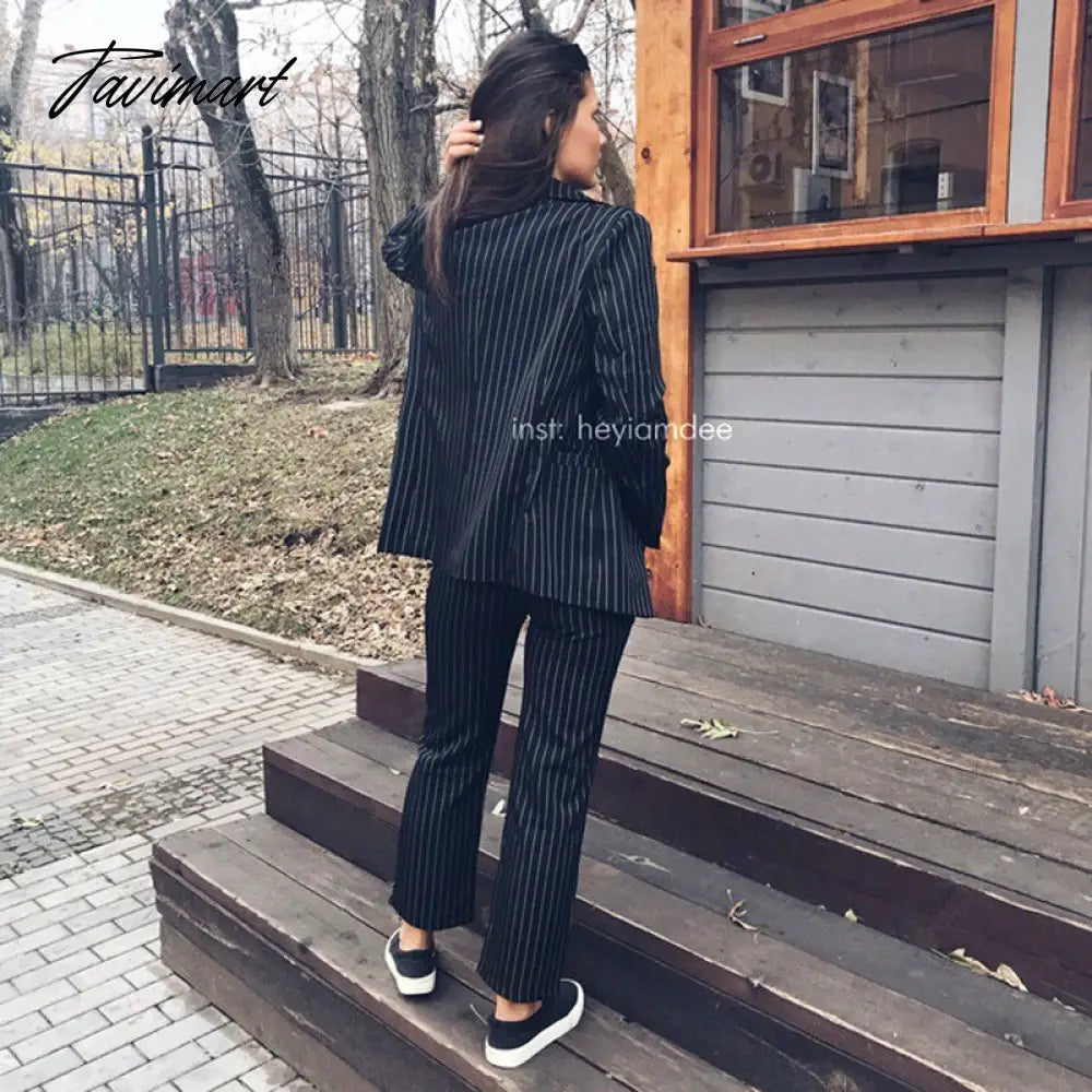 vzyzv Work Pant Suits OL 2 Piece Sets Double Breasted Striped Blazer Jacket & Zipper Trousers Suit For Women Set Feminino Spring