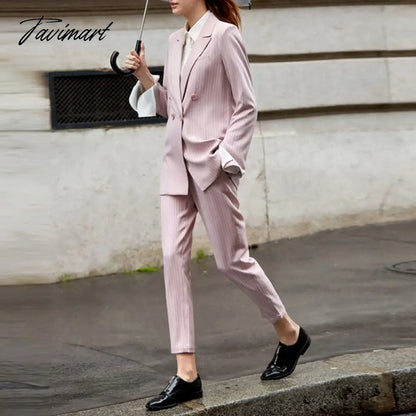 vzyzv Work Pant Suits OL 2 Piece Sets Double Breasted Striped Blazer Jacket & Zipper Trousers Suit For Women Set Feminino Spring