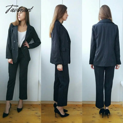 vzyzv Work Pant Suits OL 2 Piece Sets Double Breasted Striped Blazer Jacket & Zipper Trousers Suit For Women Set Feminino Spring