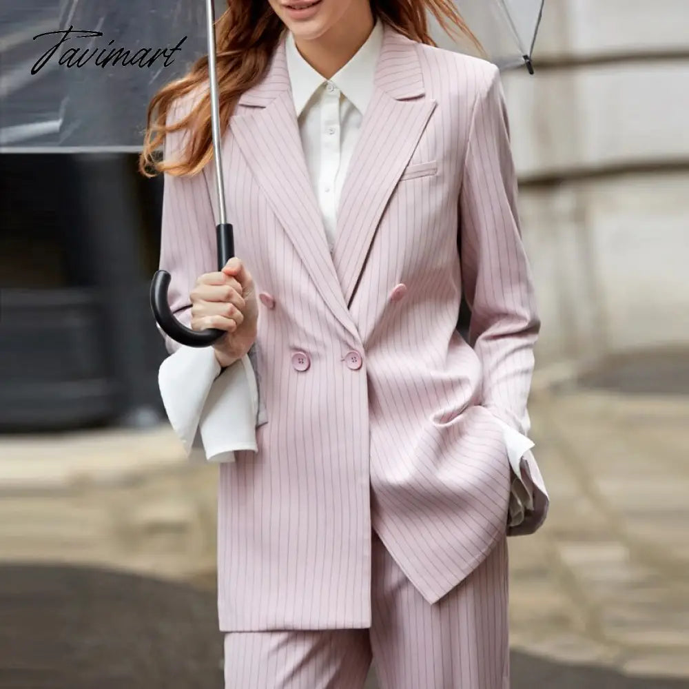 vzyzv Work Pant Suits OL 2 Piece Sets Double Breasted Striped Blazer Jacket & Zipper Trousers Suit For Women Set Feminino Spring