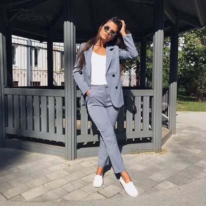 vzyzv Work Pant Suits OL 2 Piece Sets Double Breasted Striped Blazer Jacket & Zipper Trousers Suit For Women Set Feminino Spring