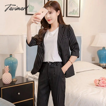 vzyzv Work Pant Suits OL 2 Piece Sets Double Breasted Striped Blazer Jacket & Zipper Trousers Suit For Women Set Feminino Spring