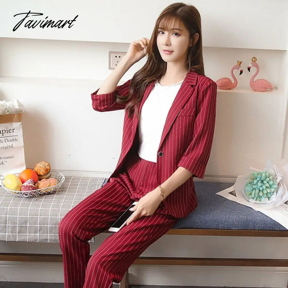 vzyzv Work Pant Suits OL 2 Piece Sets Double Breasted Striped Blazer Jacket & Zipper Trousers Suit For Women Set Feminino Spring